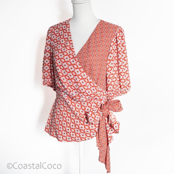 Sachin & Babi Wrap Blouse Top 8 Floral Asymmetric Puff Sleeve Retro Artsy Boho - Picture 3 of 14